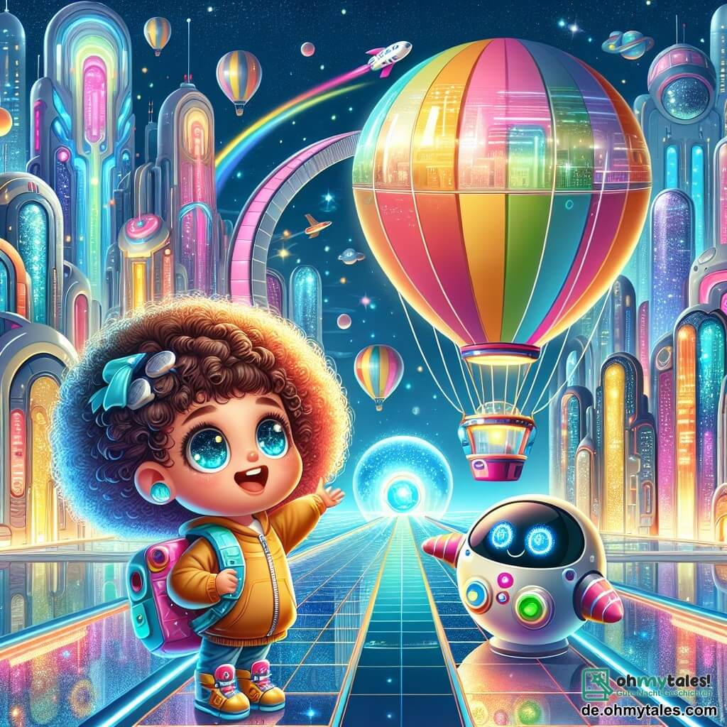 Une illustration sous forme de dessin destinée aux enfants représentant une ville futuriste aux bâtiments scintillants et colorés, avec des routes en verre et des véhicules flottants, où une petite fille de 5 ans aux cheveux bouclés et aux yeux pétillants, portant un rucksack multicolore, regarde émerveillée un grand ballon coloré qui s'élève dans le ciel, tandis qu'un petit robot rond et souriant, avec des yeux lumineux et une forme amicale, se tient à ses côtés en lui montrant le chemin vers un portail magique, symbolisant l'aventure et la découverte.