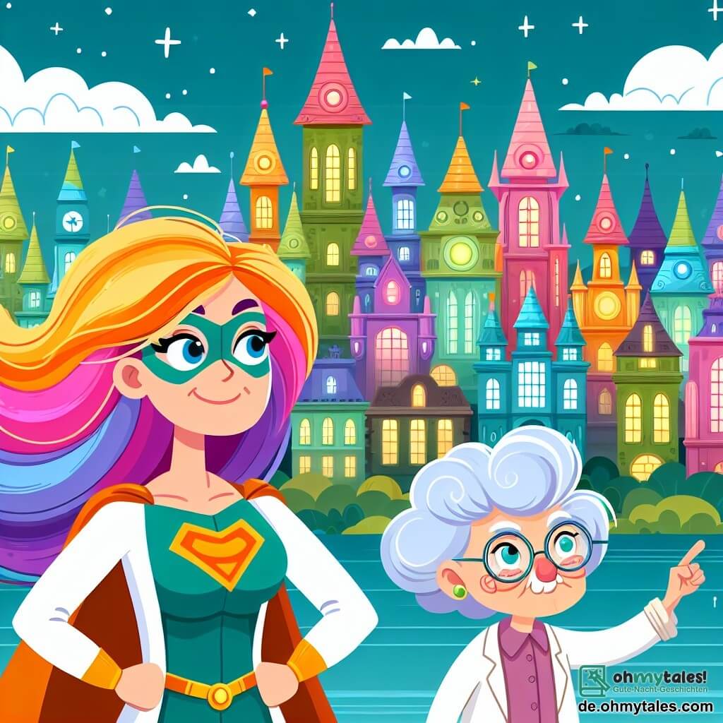 Une illustration destinée aux enfants représentant une super-héroïne aux cheveux multicolores, une scientifique âgée au regard malicieux, dans une ville magique pleine de tours colorées, où se déroule une bataille épique entre le bien et le mal.