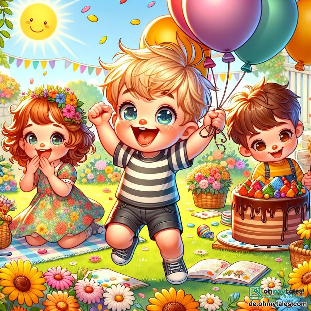 Une illustration sous forme de dessin destinée aux enfants représentant un jardin ensoleillé rempli de fleurs colorées, où un garçon de 5 ans aux cheveux blonds et aux yeux pétillants, vêtu d'un t-shirt rayé et d'un short, saute de joie en tenant un bouquet de fleurs dans ses petites mains, tandis qu'à ses côtés, une fille aux cheveux bruns et bouclés, portant une robe à fleurs, gonfle des ballons colorés, et un garçon aux cheveux châtains, en train de décorer une grande table avec un gâteau au chocolat, tous réunis pour célébrer une surprise spéciale pour leur maman, entourés de rires et de joie.