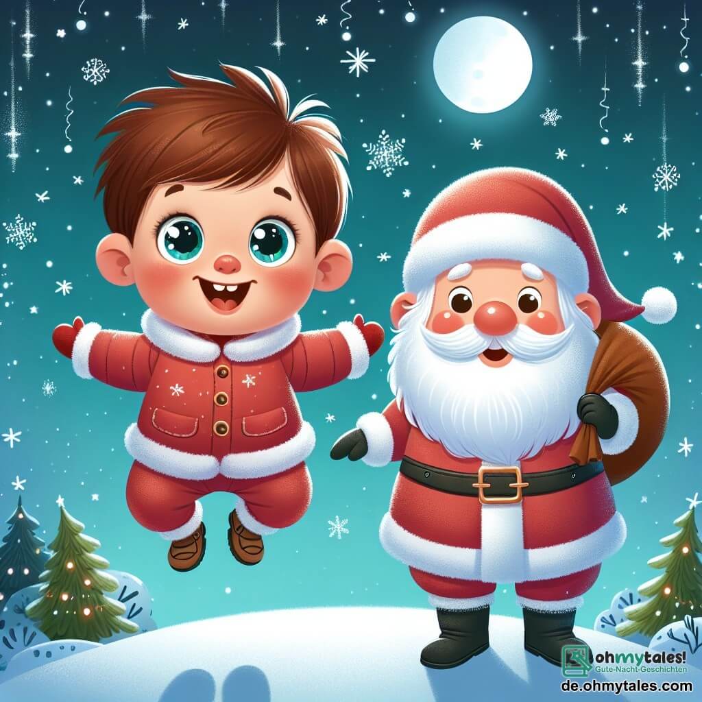 Une illustration sous forme de dessin destinée aux enfants représentant un petit garçon de 3 ans aux grands yeux brillants et aux cheveux châtains, vêtu d'une chaude combinaison de neige rouge, qui saute de joie dans un paysage hivernal féerique, entouré de flocons de neige scintillants, tandis qu'un joyeux Père Noël barbu en costume rouge, avec un sourire chaleureux, se tient à côté de lui, tenant un grand sac rempli de cadeaux, le tout sous un ciel étoilé illuminé par la lune, capturant la magie de leur aventure nocturne pour distribuer des cadeaux aux enfants.