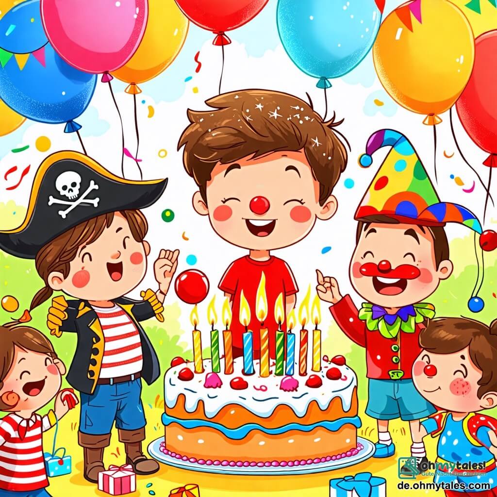 Une illustration sous forme de dessin destinée aux enfants représentant un jardin ensoleillé décoré de ballons colorés et de guirlandes, où un garçon de 8 ans aux cheveux bruns et aux yeux pétillants, vêtu d'un t-shirt rouge et d'un short bleu, souffle sur les bougies d'un grand gâteau d'anniversaire en forme de pirate, tandis qu'un clown joyeux avec un nez rouge et un costume multicolore, ainsi que plusieurs amis aux sourires éclatants, applaudissent et chantent autour de lui, créant une atmosphère festive et joyeuse.