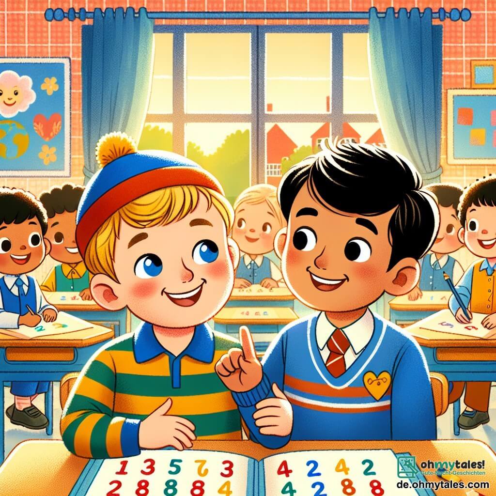 Une illustration destinée aux enfants représentant un petit garçon timide et curieux, ayant des difficultés avec les chiffres à l'école, aidé par un ami garçon joyeux et patient, dans une salle de classe lumineuse et colorée remplie d'enfants souriants et bienveillants.