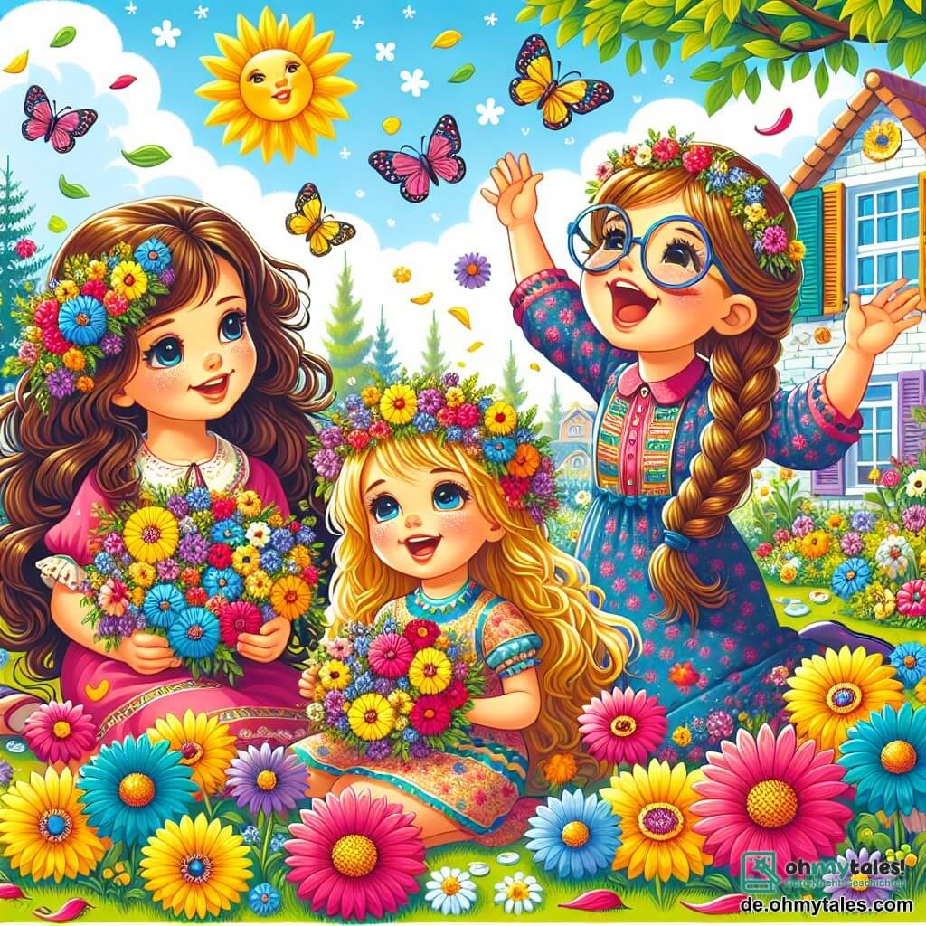 Eine Illustration zeigt einen sonnigen Garten, der mit bunten Blumen in lebhaften Rot-, Gelb-, Blau- und Violetttönen gefüllt ist. In der Mitte sitzen drei Mädchen, etwa 8 Jahre alt, auf dem grünen Gras. Eines von ihnen, mit langen, lockigen braunen Haaren, trägt ein rosa Kleid und lächelt fröhlich. Neben ihr ist ein weiteres Mädchen mit geflochtenen blonden Haaren, das eine Bluse mit Blumen trägt und einen hübschen Blumenkranz in den Händen hält. Das dritte Mädchen, mit kastanienbraunen Haaren und Brille, singt begeistert mit erhobenen Armen zum Himmel. Die Szene zeigt die Mädchen, die eine Überraschung für ihre Mama vorbereiten, umgeben von verstreuten Blütenblättern und einem süßen Frühlingsduft. Im Hintergrund sieht man ein gemütliches Haus mit bunten Fensterläden und einem blauen Himmel, der mit einigen weißen Wolken gesprenkelt ist. Schmetterlinge umschwirren sie und verleihen diesem fröhlichen und liebevollen Moment einen Hauch von Magie.