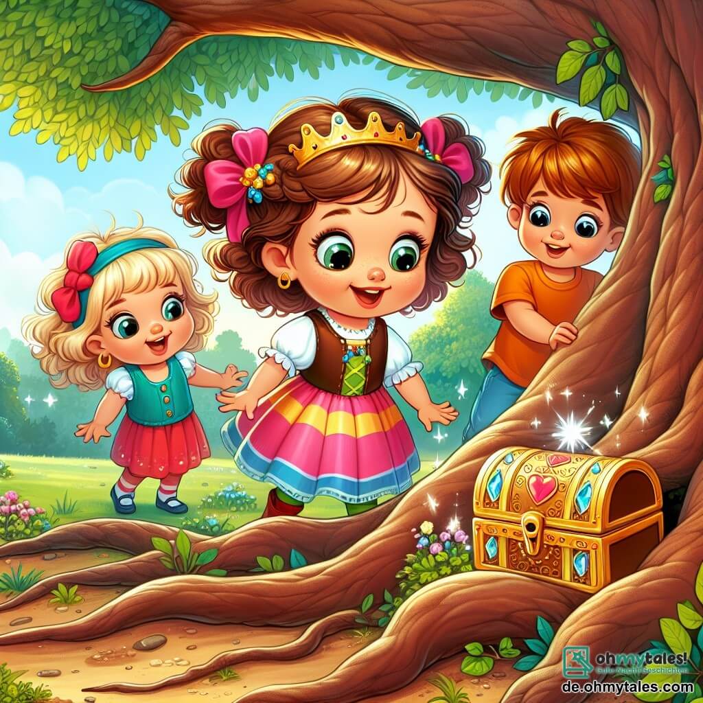 Une illustration sous forme de dessin destinée aux enfants représentant un parc ensoleillé avec un grand arbre aux branches étendues, où une petite fille de 3 ans aux cheveux bouclés et aux yeux pétillants, portant une robe colorée, se penche avec curiosité pour découvrir une petite boîte brillante cachée entre les racines de l'arbre, tandis que deux de ses amis, un garçon aux cheveux bruns et une fille aux cheveux blonds, l'observent avec des expressions émerveillées, tous trois plongés dans une aventure de chasse au trésor.