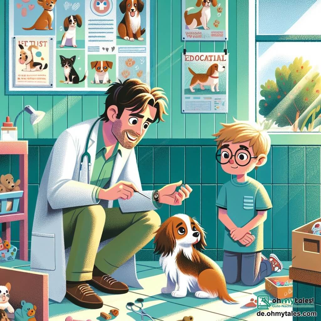 Illustration einer lebhaften Szene in einer kleinen, hellen Tierarztpraxis. Die Wände sind in Pastellgrün gestrichen und mit bunten Tierzeichnungen sowie Lehrpostern über die Gesundheit von Tieren geschmückt. In der Mitte hockt ein etwa dreißigjähriger Mann mit unordentlichen braunen Haaren und einem weißen Kittel, lächelnd und aufmerksam einen kleinen Hund mit traurigen Augen, dessen Fell braun und weiß ist, während er sanft dessen Pfote hält. Neben ihm beobachtet ein etwa achtjähriger Junge mit blonden Haaren und einer Brille fasziniert. Er trägt ein blaues T-Shirt und hält eine Packung Tierleckerlis. Die Szene strahlt Mitgefühl und Liebe zu Tieren aus, mit verstreuten Spielzeugen auf dem Boden und einem Fenster, das Sonnenlicht hereinlässt und den Raum erhellt.