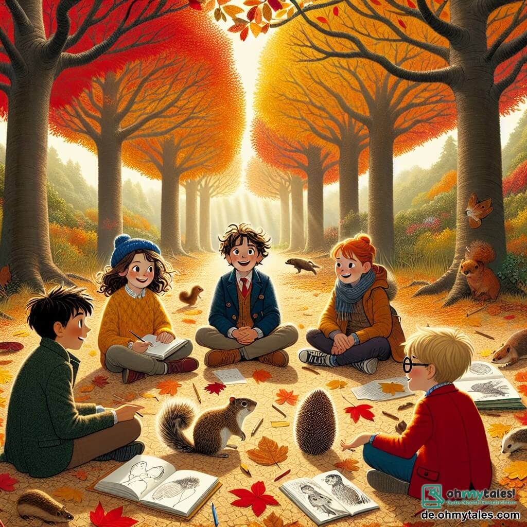 Eine Illustration zeigt eine Lichtung im Herbst, umgeben von großen Bäumen mit leuchtend roten, orangen und gelben Blättern. Der Boden ist mit einem Teppich aus trockenen Blättern bedeckt, die unter den Schritten knistern. In der Mitte sitzen vier Kinder im Kreis auf dem Gras: Ein 11-jähriges Mädchen mit braunen, lockigen Haaren trägt einen gelben Pullover und hält ein offenes Notizbuch auf ihren Knien, ihre Augen strahlen vor Aufregung. Neben ihr blättert ein 12-jähriger Junge mit blonden Haaren und einer blauen Mütze in einem Buch über die Natur und lächelt. Gegenüber zeichnet ein 10-jähriges Mädchen mit glatten, schwarzen Haaren, das einen roten Mantel trägt, ein Eichhörnchen in ihr Notizbuch. Neben ihr beobachtet ein 11-jähriger Junge mit Brille und braunen Haaren aufmerksam einen kleinen Igel, der sich in ihrer Nähe zusammenrollt. Die Atmosphäre ist fröhlich und neugierig, mit Sonnenstrahlen, die durch die Äste filtern und die Szene in sanftes goldenes Licht tauchen.