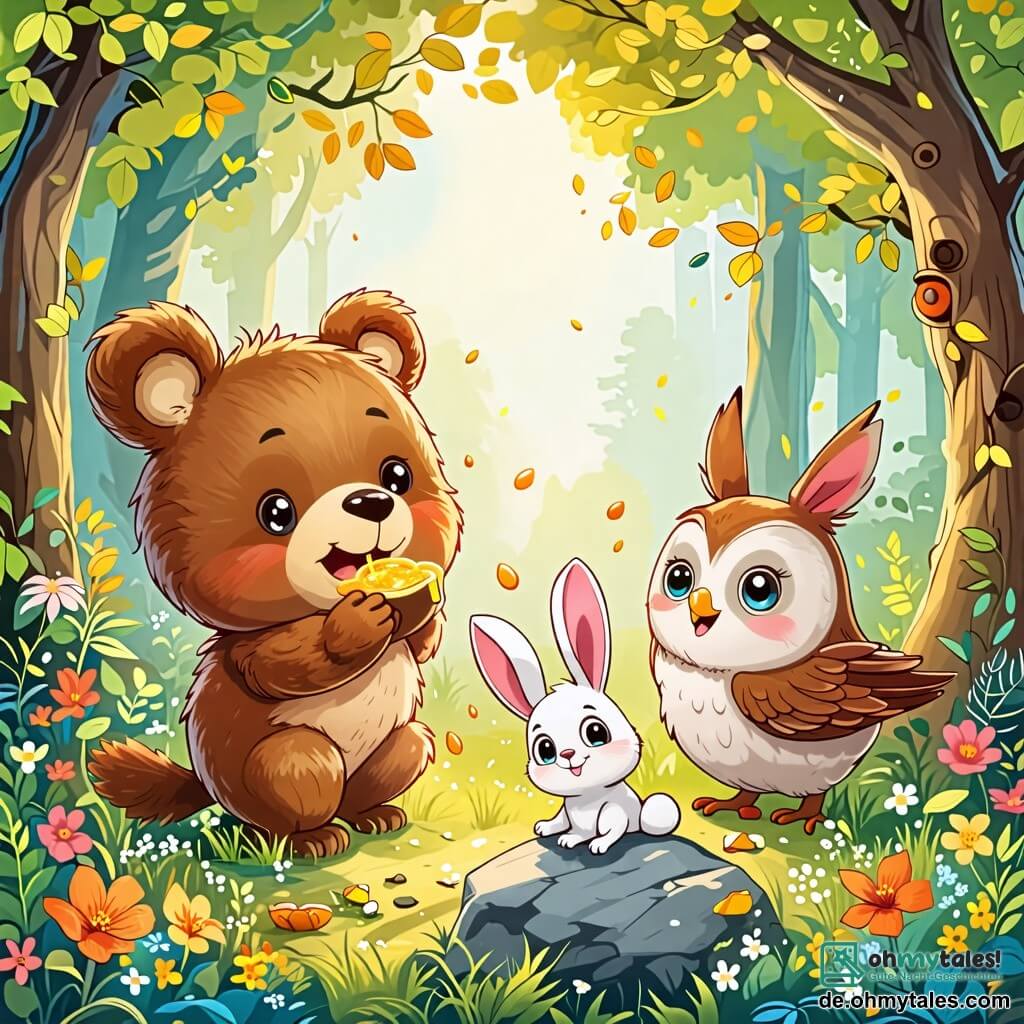 Une illustration sous forme de dessin destinée aux enfants représentant une scène colorée dans une forêt enchantée, avec un petit ours brun aux yeux pétillants qui renifle joyeusement l'air à la recherche de miel, tandis qu'à ses côtés, une sage chouette aux plumes dorées observe avec curiosité et un lapin aux grandes oreilles blanches, un sourire espiègle sur le visage, se prépare à bondir joyeusement après avoir trébuché sur une pierre, le tout entouré de fleurs éclatantes et d'arbres majestueux, capturant l'esprit d'aventure et d'amitié de cette histoire amusante.