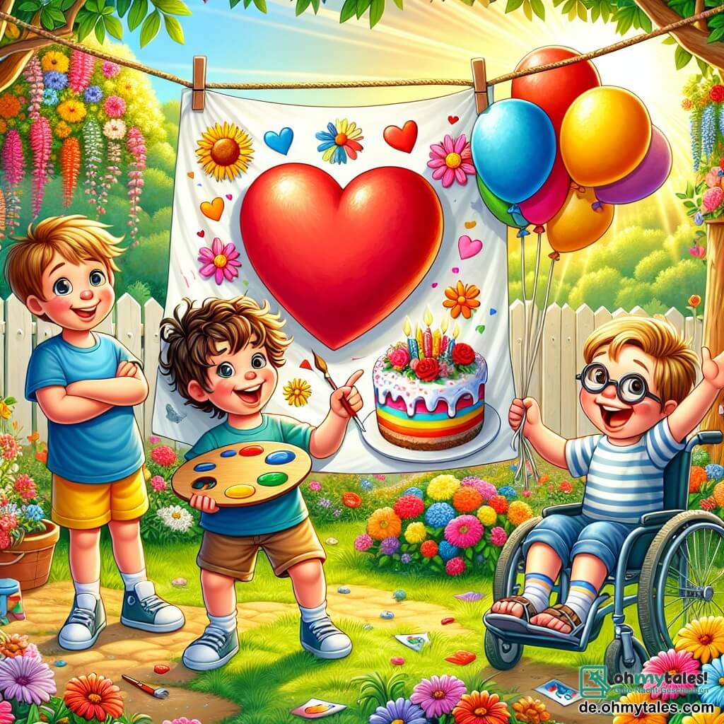 Illustration eines sonnigen Gartens, gefüllt mit bunten Blumen und grünen Bäumen. In der Mitte hängt ein großes weißes Papier an einer Wäscheleine, dekoriert mit einem riesigen roten Herzen, einem bunten Kuchen und bemalten Luftballons, alle in lebhaften und fröhlichen Farben. Drei Kinder sind anwesend: ein fünfjähriger Junge mit lockigem, braunem Haar, der ein blaues T-Shirt und eine gelbe Shorts trägt und begeistert lächelt, während er die Zeichnung zeigt. Neben ihm sitzt ein sechsjähriger Junge im Rollstuhl, mit blonden Haaren und einer Brille, der eine Farbpalette und einen Pinsel hält und breit lächelt. Schließlich ein weiterer fünfjähriger Junge mit kastanienbraunem Haar und einem gestreiften T-Shirt, der voller Energie mit den Armen wedelt und lacht. Die Szene zeigt die Kinder, die den Vatertag feiern, umgeben von bunten Früchten in einer Schüssel, bereit, ihren Papa mit ihrem handgemachten Geschenk zu überraschen. Der Himmel ist blau mit einigen weißen Wolken, und Vögel singen fröhlich, was eine festliche und warme Atmosphäre schafft.