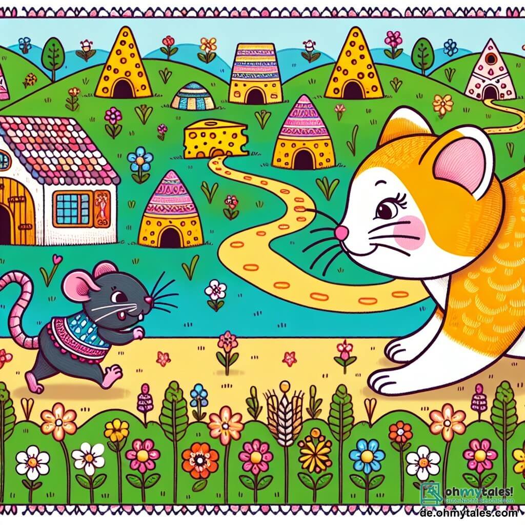 Une illustration destinée aux enfants représentant une petite ratte malicieuse se lançant dans une course contre un chat rusé, dans un village coloré et animé rempli de maisons en forme de fromage et de champs fleuris.