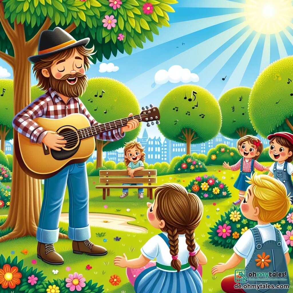 Une illustration sous forme de dessin destinée aux enfants représentant un parc ensoleillé avec des arbres verdoyants et des fleurs colorées, où un homme souriant aux cheveux bruns et à la barbe légère, vêtu d'une chemise à carreaux et d'un jean, joue de la guitare tout en chantant joyeusement, entouré de plusieurs enfants, dont une fille aux cheveux tressés et un garçon portant une casquette rouge, qui l'écoutent attentivement et s'amusent à chanter ensemble, illustrant ainsi l'esprit de camaraderie et de créativité dans la musique.