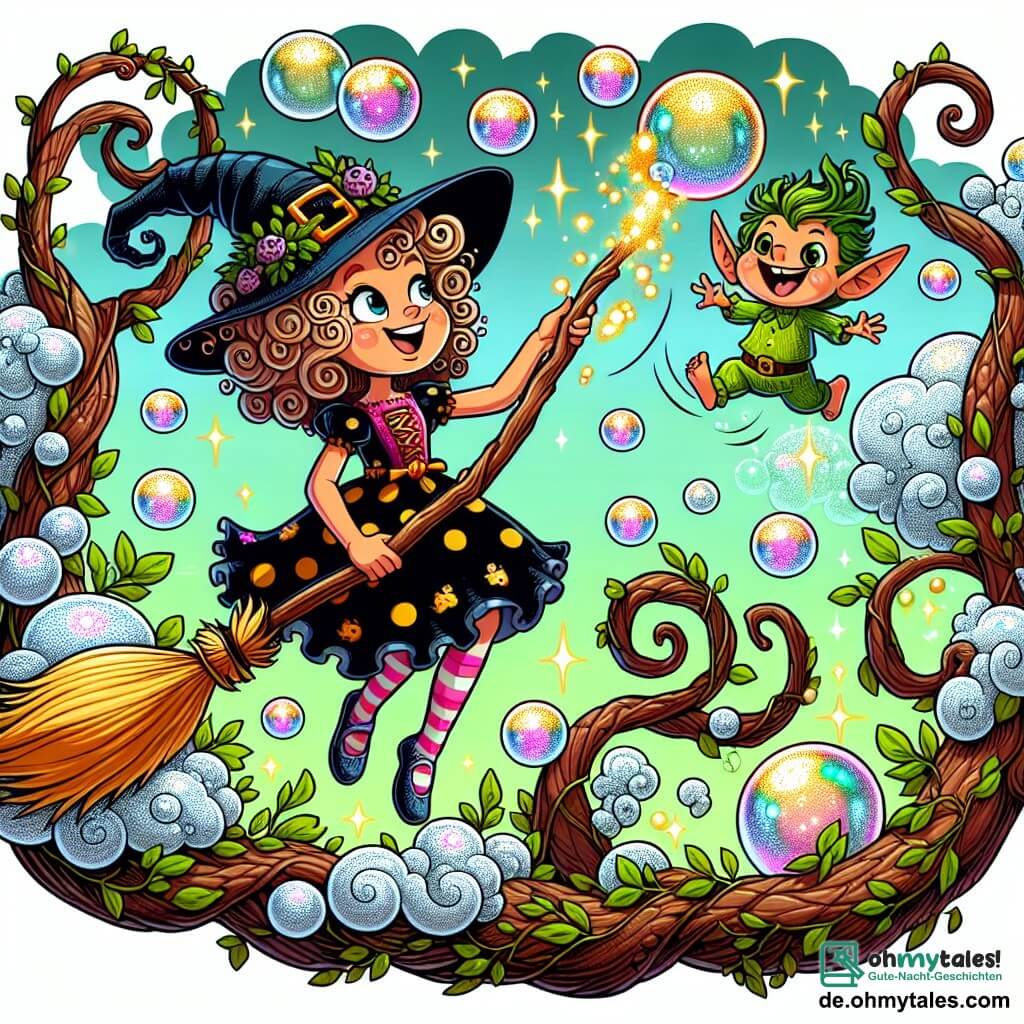 Une illustration sous forme de dessin destinée aux enfants représentant un forêt enchantée aux arbres aux troncs torsadés et aux feuilles scintillantes, où une sorcière joyeuse avec des cheveux bouclés et une robe colorée, tenant un balai vivant qui vole autour d'elle, tente de maîtriser son balai espiègle qui laisse derrière lui une traînée de bulles de savon, tandis qu'un petit kobold malicieux aux oreilles pointues et au sourire malicieux saute dans les bulles, créant une atmosphère ludique et magique.