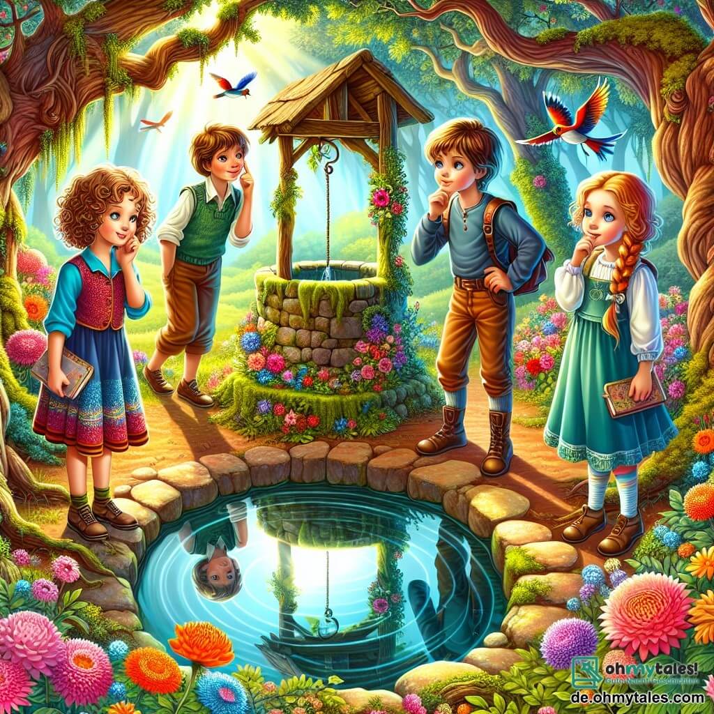 Illustration eines geheimen, magischen Gartens, gefüllt mit leuchtenden Blumen, majestätischen Bäumen mit knorrigen Stämmen und einem alten, moosbedeckten Brunnen. In der Mitte stehen vier Kinder um den Brunnen: ein 11-jähriges Mädchen mit lockigem Haar und einem bunten Kleid, das fasziniert auf das schimmernde Wasser schaut; ein 10-jähriger Junge mit kurzen Haaren und Brille, der sich neugierig über das Wasser beugt; ein 9-jähriges Mädchen mit Zöpfen und einem neugierigen Lächeln, das ein kleines Notizbuch hält, bereit, ihre Gedanken festzuhalten; und ein 12-jähriger Junge mit einem entschlossenen Blick, der den Garten aufmerksam beobachtet. Die Szene strahlt Abenteuer und Entdeckung aus, während Sonnenstrahlen durch die Blätter filtern und tanzende Schatten auf den Boden werfen. Bunte Vögel fliegen darüber hinweg und verleihen diesem kostbaren Moment, in dem die Kinder bereit sind, die Geheimnisse des Gartens zu entdecken, Leben und Magie.