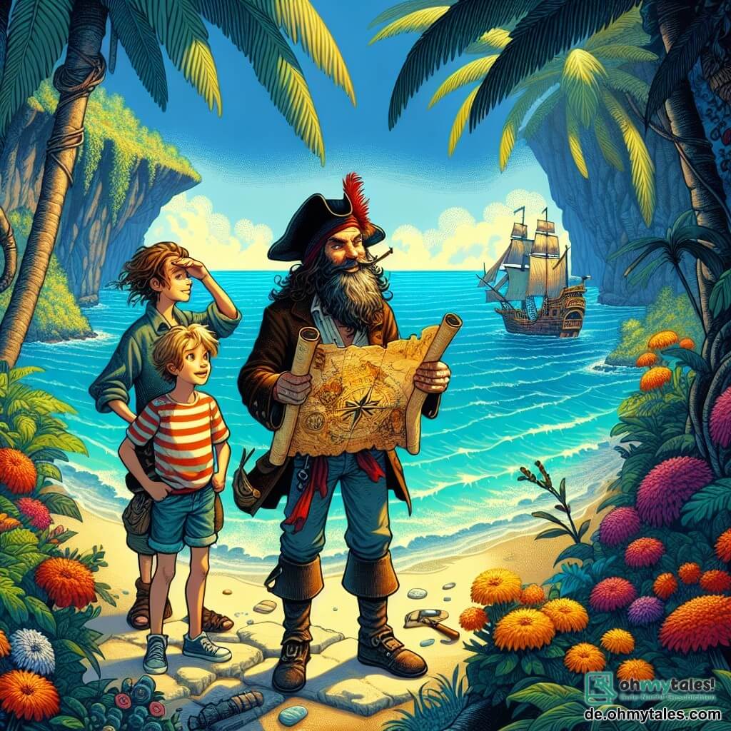 Illustration einer Szene auf einer kleinen tropischen Insel, umgeben von einem strahlend blauen Ozean. Palmen wiegen sich sanft im Wind, und bunte Blumen säumen den Weg zu einer geheimnisvollen Höhle. Im Zentrum des Bildes steht ein entschlossener Mann mit brauner Bart und langen Haaren, der einen Piratenhut mit einer roten Feder trägt. Er hält eine alte Schatzkarte in den Händen und schaut mit einem aufgeregten Lächeln in die Ferne. An seiner Seite beobachtet ein etwa 10-jähriges Mädchen mit geflochtenen blonden Haaren und einem roten Bandana die Karte mit funkelnden Augen. Sie trägt ein gestreiftes Hemd und eine Leinen-Shorts, bereit für das Abenteuer. Ein etwa 12-jähriger Junge mit zerzausten braunen Haaren und neugierigem Blick beugt sich über die Karte. Er trägt eine Lederweste und abgewetzte Hosen, was seinen unerschrockenen Geist zeigt. Die Hauptsituation zeigt diese Charaktere, die die Schatzkarte entdecken, umgeben von der Aufregung des Abenteuers. Im Hintergrund ist die dunkle Höhle zu sehen, die auf Geheimnisse hinweist, während bunte Vögel am blauen Himmel fliegen. Piratenelemente wie eine im Wind wehende schwarze Flagge und eine halb im Sand vergrabene Schatztruhe verleihen der Szene einen Hauch von Abenteuer.