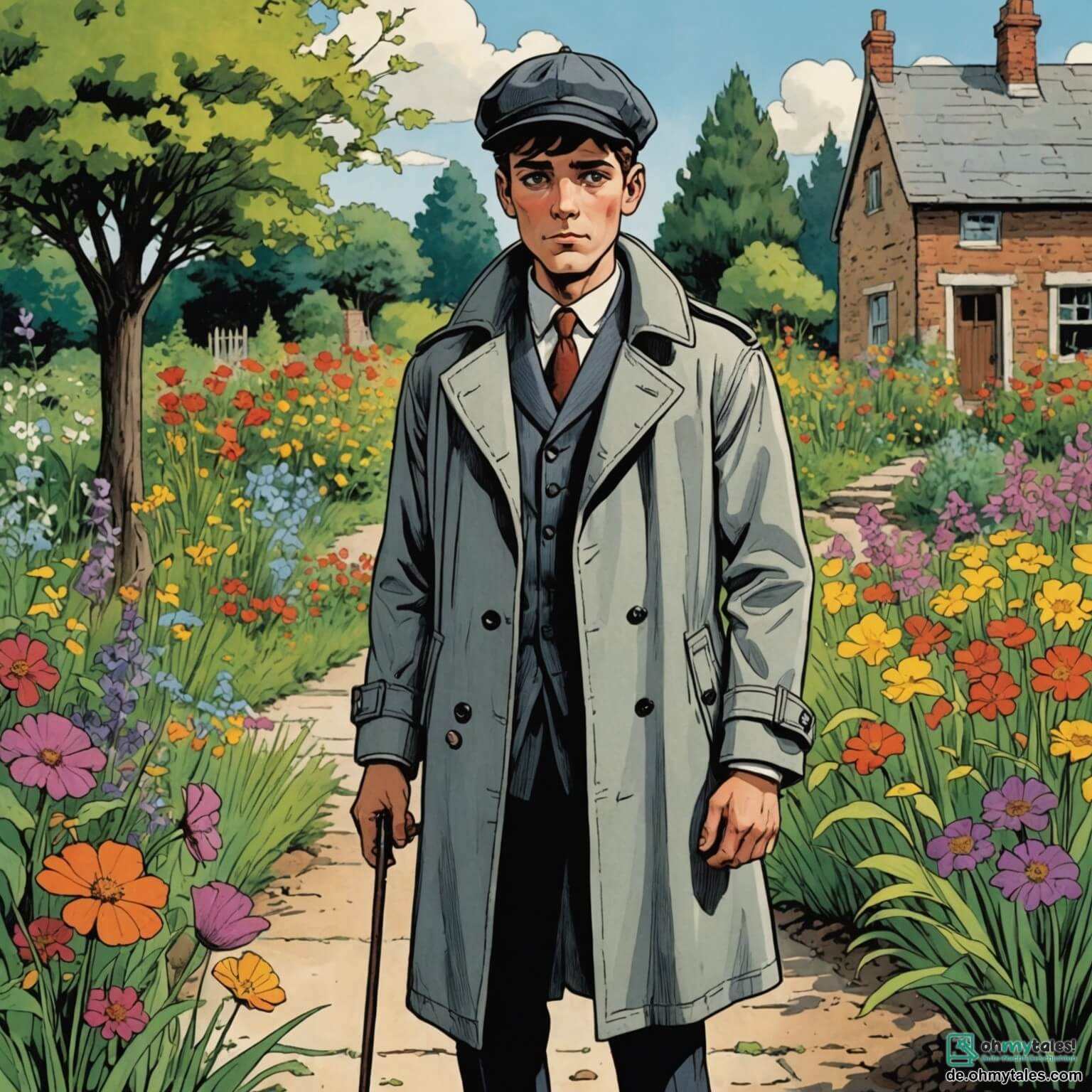 Une illustration destinée aux enfants représentant un homme au regard perçant, vêtu d'un long trench-coat gris et d'une élégante casquette noire, se tenant avec détermination devant un vieux jardin aux fleurs colorées et aux herbes folles, où une fillette aux grands yeux bruns, pleine d'inquiétude, lève la main pour attirer son attention alors qu'un petit garçon, le visage marqué par la tristesse, se tient à ses côtés, tous deux cherchant désespérément une précieuse montre en or disparue, perdue dans les ombres mystérieuses de ce lieu enchanteur, où le chant des oiseaux se mêle au doux murmure du vent dans les arbres.