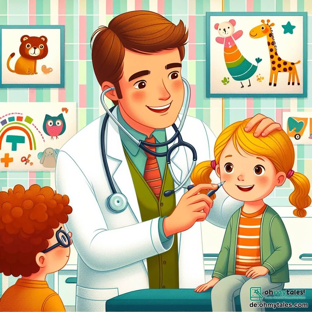 Une illustration sous forme de dessin destinée aux enfants représentant une salle de consultation colorée et accueillante, avec des murs ornés de dessins d'animaux et de jeux, où un homme médecin souriant, aux cheveux bruns et portant un grand stéthoscope autour du cou, examine une petite fille aux cheveux blonds et bouclés, assise sur une table d'examen, tandis qu'un petit garçon aux lunettes, curieux, observe la scène avec un sourire, illustrant un moment de réconfort et de soin dans une histoire sur les médecins.