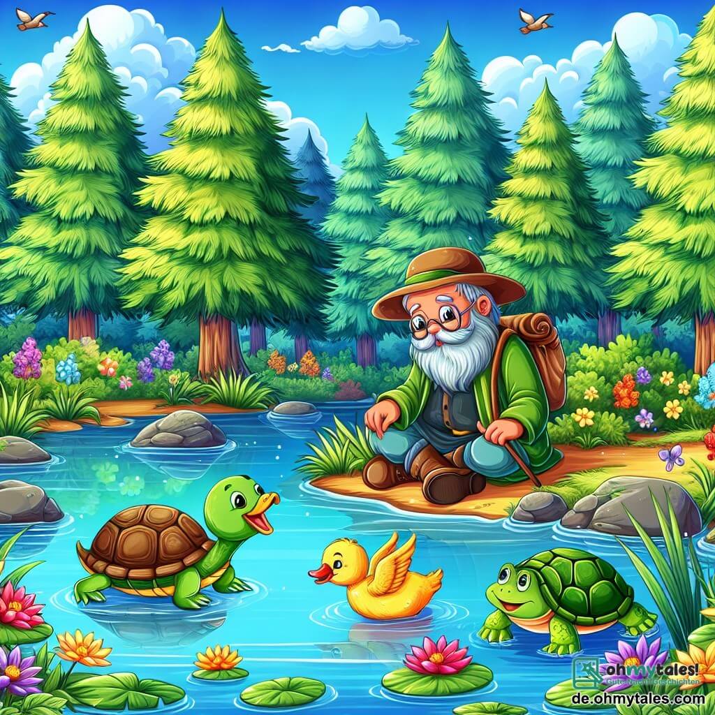 Une illustration destinée aux enfants représentant un petit canard courageux, une tortue curieuse, et un vieux sage grenouille, explorant un lac scintillant entouré de grands arbres verts et de fleurs colorées.