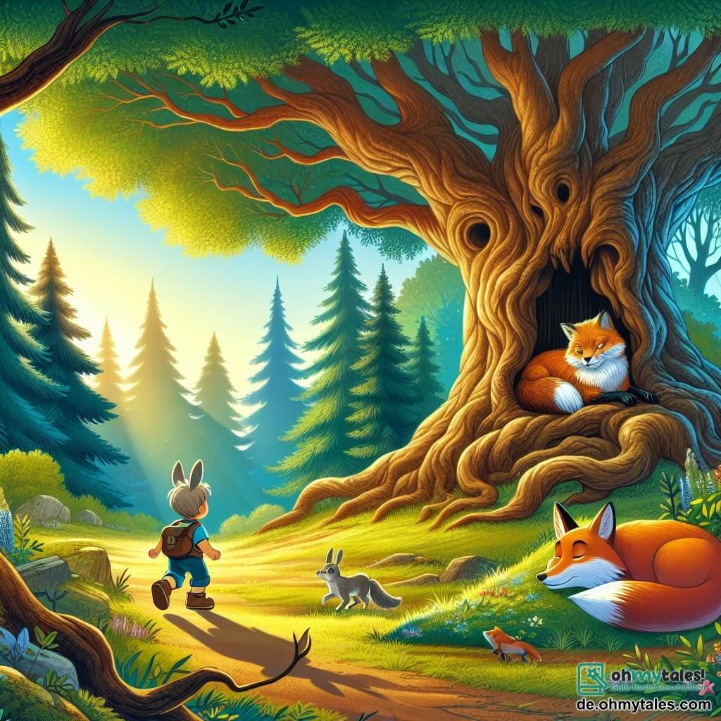 Une illustration destinée aux enfants représentant un petit lapin garçon courageux explorant un grand et mystérieux bois, rencontrant un vieux et sage renard endormi sous un majestueux arbre centenaire, situé au cœur d'une clairière ensoleillée.