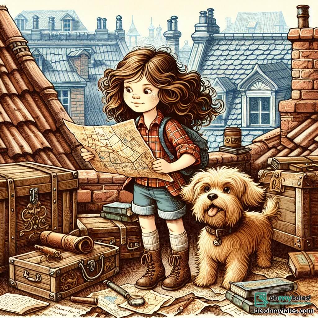 Une illustration sous forme de dessin destinée aux enfants représentant un vieux et mystérieux toit de maison, rempli de vieilles malles et de livres poussiéreux, où une fille de 11 ans aux longs cheveux bruns et bouclés, vêtue d'une chemise à carreaux et d'un short, explore avec émerveillement une carte ancienne, tandis qu'un petit chien aux grandes oreilles et au pelage doré, curieux et joyeux, l'accompagne, tous deux prêts à partir à l'aventure à la recherche d'un trésor caché.