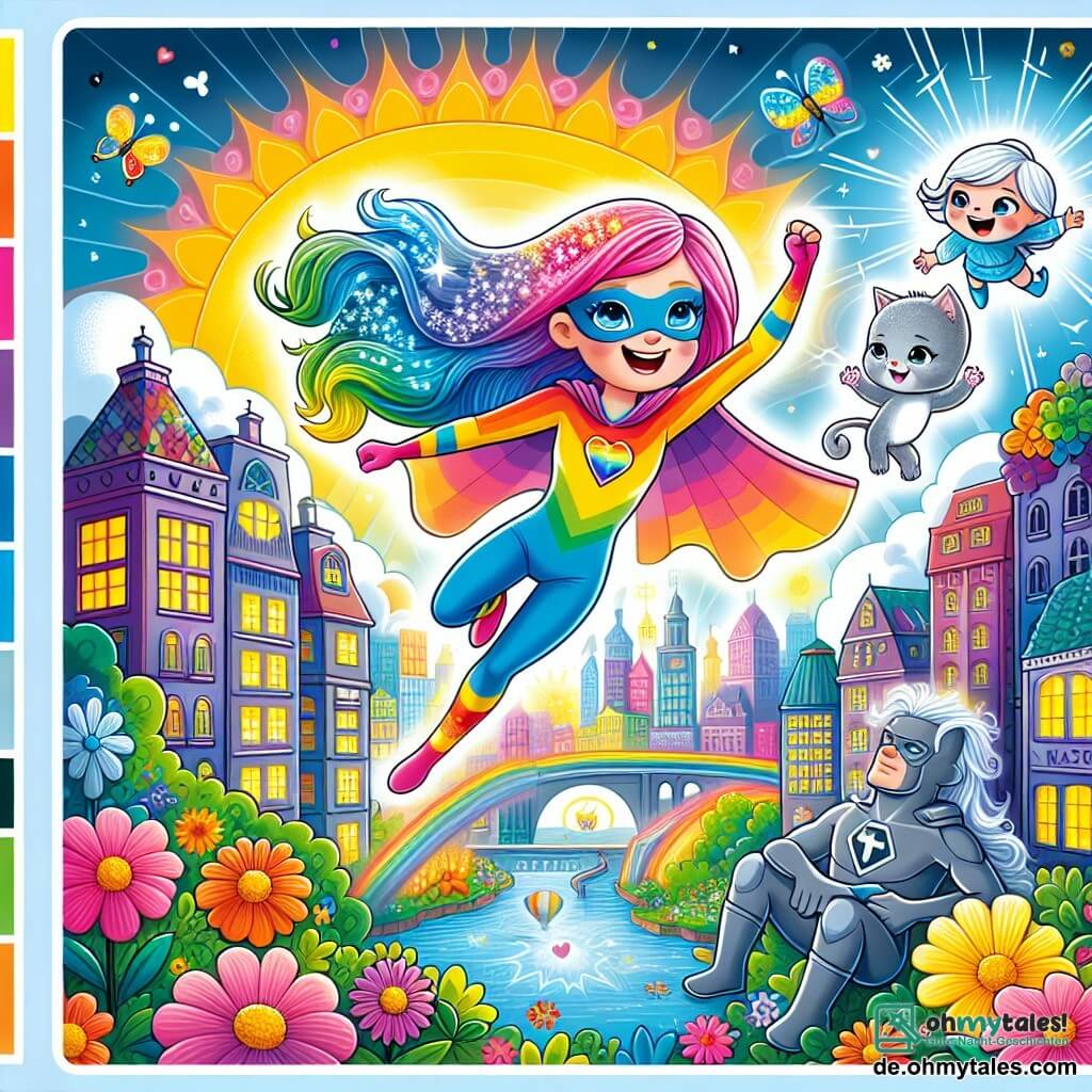 Une illustration sous forme de dessin destinée aux enfants représentant une ville colorée et ensoleillée, avec des bâtiments aux teintes vives et des fleurs éclatantes, où une femme super-héroïne aux longs cheveux scintillants et aux yeux bleus éclatants, vêtue d'un costume arc-en-ciel, sourit joyeusement en volant dans les airs, tandis qu'un petit chaton gris aux yeux brillants, nommé Max, saute joyeusement à ses pieds, et un personnage secondaire, un homme mystérieux au teint gris et à l'expression triste, observe la scène avec curiosité, alors qu'ils s'apprêtent à redonner des couleurs à la ville en unissant leurs forces.
