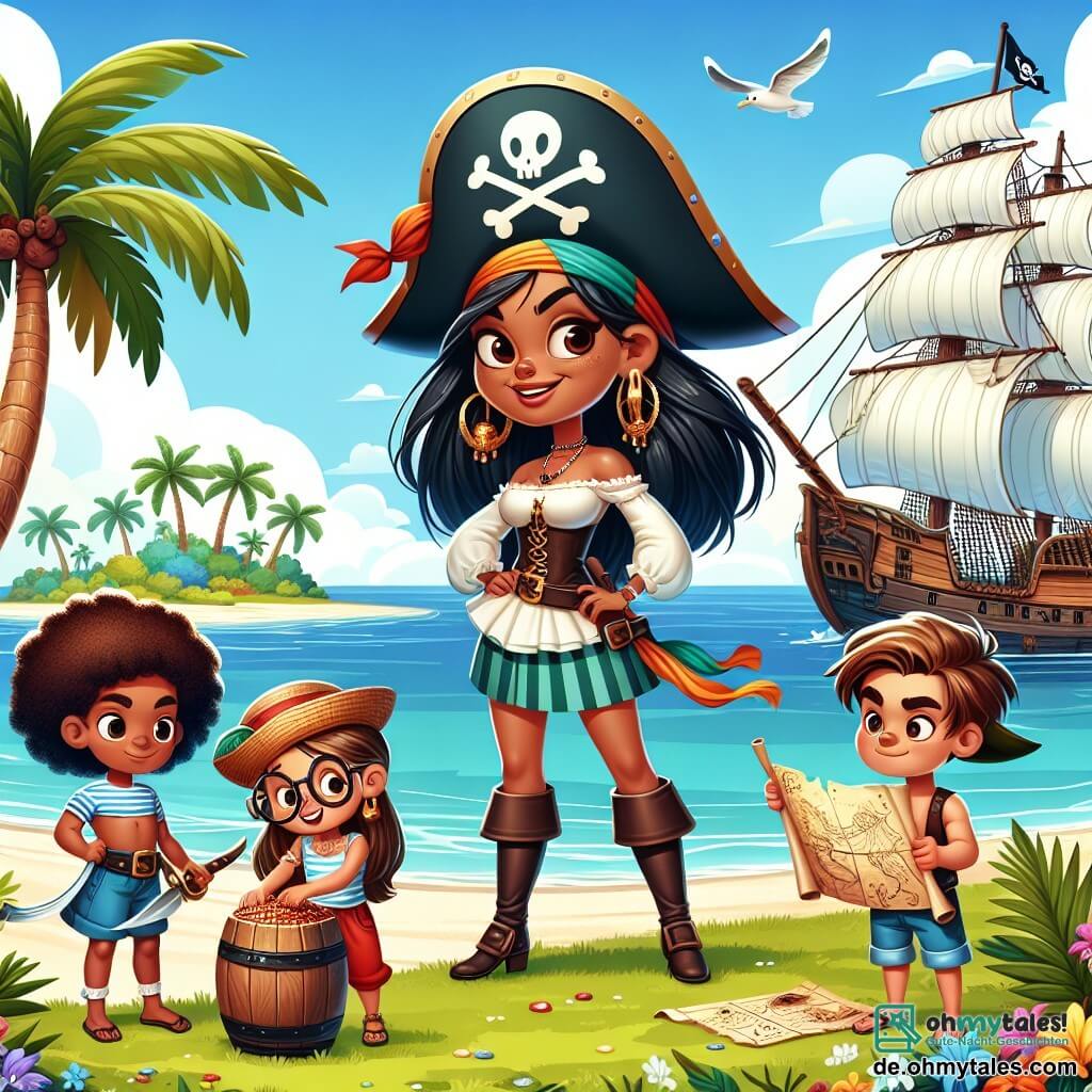 Une illustration sous forme de dessin destinée aux enfants représentant une magnifique île tropicale avec des palmiers et des fleurs colorées, où une courageuse capitaine pirate aux longs cheveux noirs, portant un bandana coloré et un sourire déterminé, se tient fièrement sur le pont de son grand navire à voiles blanches, entourée de son équipe composée d'un garçon musclé avec un chapeau de paille qui manœuvre les cordages et d'une fille aux lunettes rondes qui examine une vieille carte au trésor, alors qu'ils se préparent à affronter un ancien pirate pour découvrir un trésor caché.