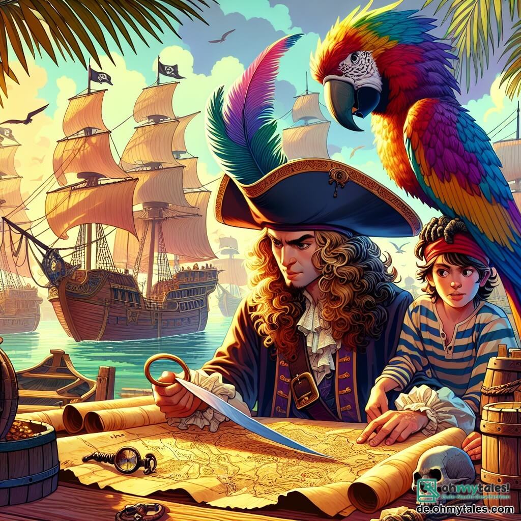 Une illustration sous forme de dessin destinée aux enfants représentant un magnifique port de pirates animé, avec des voiles colorées flottant au vent et des bateaux en bois amarrés, où une jeune femme pirate aux cheveux longs et bouclés, portant un chapeau de pirate orné de plumes, examine une vieille carte au trésor avec un regard déterminé, tandis qu'à ses côtés, un garçon robuste avec une chemise à rayures et un bandana observe attentivement, et un petit perroquet aux plumes vives se perche sur son épaule, le tout baignant dans une lumière dorée du matin qui met en valeur l'excitation d'une nouvelle aventure à venir.