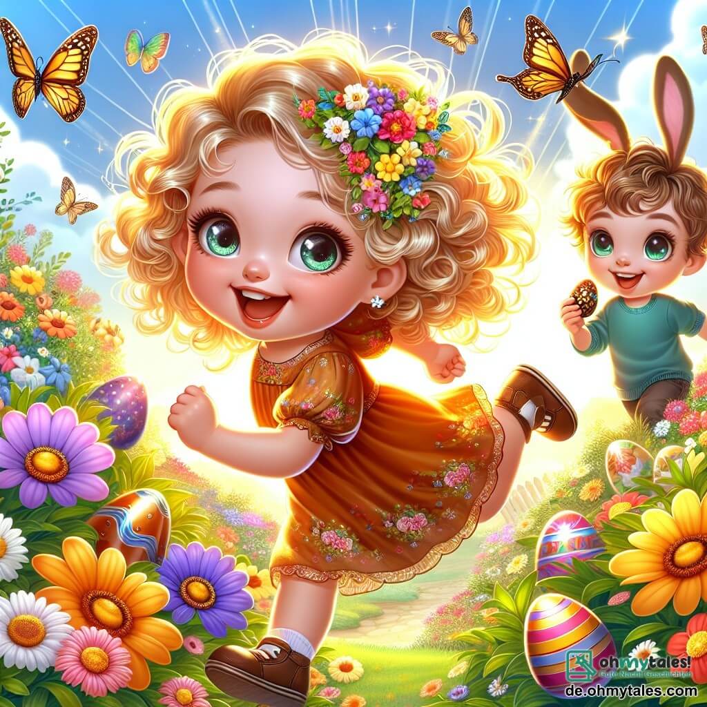 Une illustration destinée aux enfants représentant une petite fille aux cheveux dorés et bouclés, aux yeux pétillants de curiosité, courant joyeusement dans un jardin ensoleillé rempli de fleurs éclatantes de couleurs vives, où des papillons dansent dans l'air frais du printemps, tandis qu'elle cherche des œufs en chocolat cachés par un adorable petit garçon aux oreilles de lapin, son meilleur ami, qui l'observe avec un sourire malicieux, le tout sous un ciel bleu parsemé de nuages cotonneux, créant une atmosphère festive et magique pour célébrer la joie de Pâques.