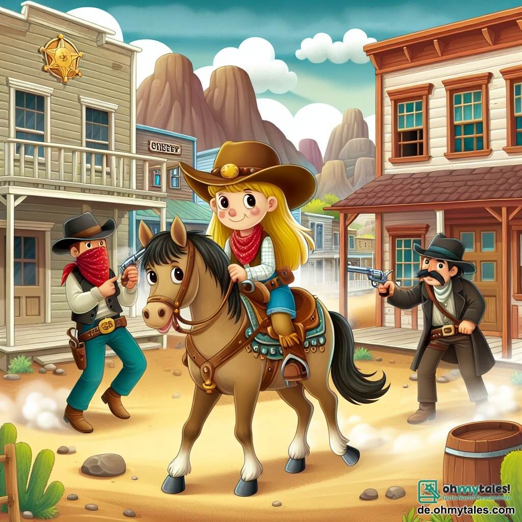 Une illustration destinée aux enfants représentant une courageuse cowgirl, une ville du Far West en proie à des bandits, un sympathique shérif et un fidèle cheval, dans Dusty Creek, avec ses rues poussiéreuses et ses bâtiments en bois.
