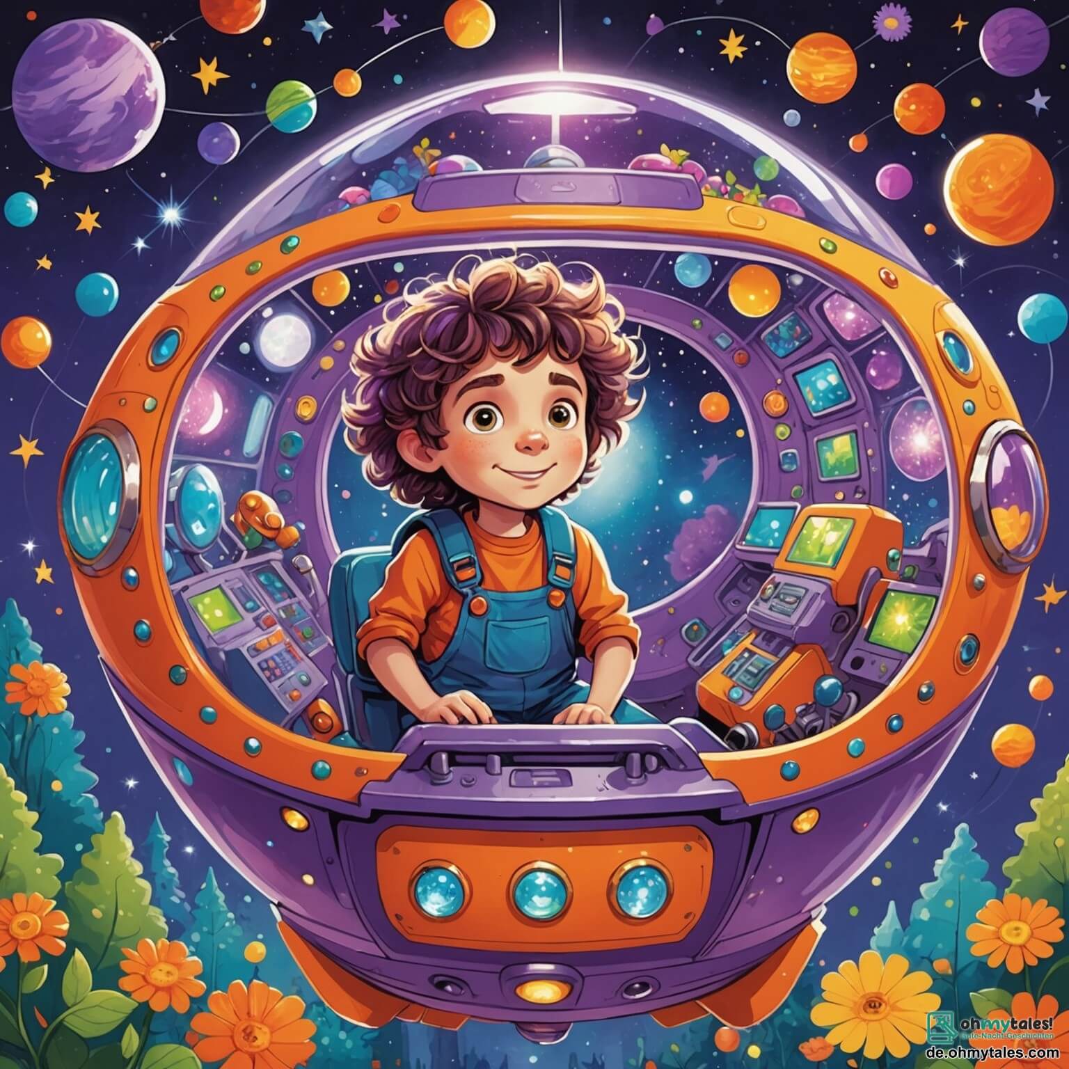 Une illustration destinée aux enfants représentant un petit garçon aux yeux pétillants de curiosité et aux cheveux ébouriffés, flottant dans un vaisseau spatial scintillant de couleurs vives, entouré de lumières clignotantes et de boutons multicolores, alors qu'il s'apprête à vivre une aventure incroyable sur le planète Gloob, un monde féerique où les arbres sont d'un violet éclatant, les fleurs rayonnent d'orange vif et les rivières brillent comme des diamants sous un ciel étoilé, accompagné de son ami extraterrestre, un petit garçon vert aux grands yeux ronds et à la voix douce, ainsi que d'un oiseau rouge aux ailes bleues qui chante joyeusement, tous trois prêts à explorer ce lieu magique rempli de créatures amicales et de mystères à résoudre.