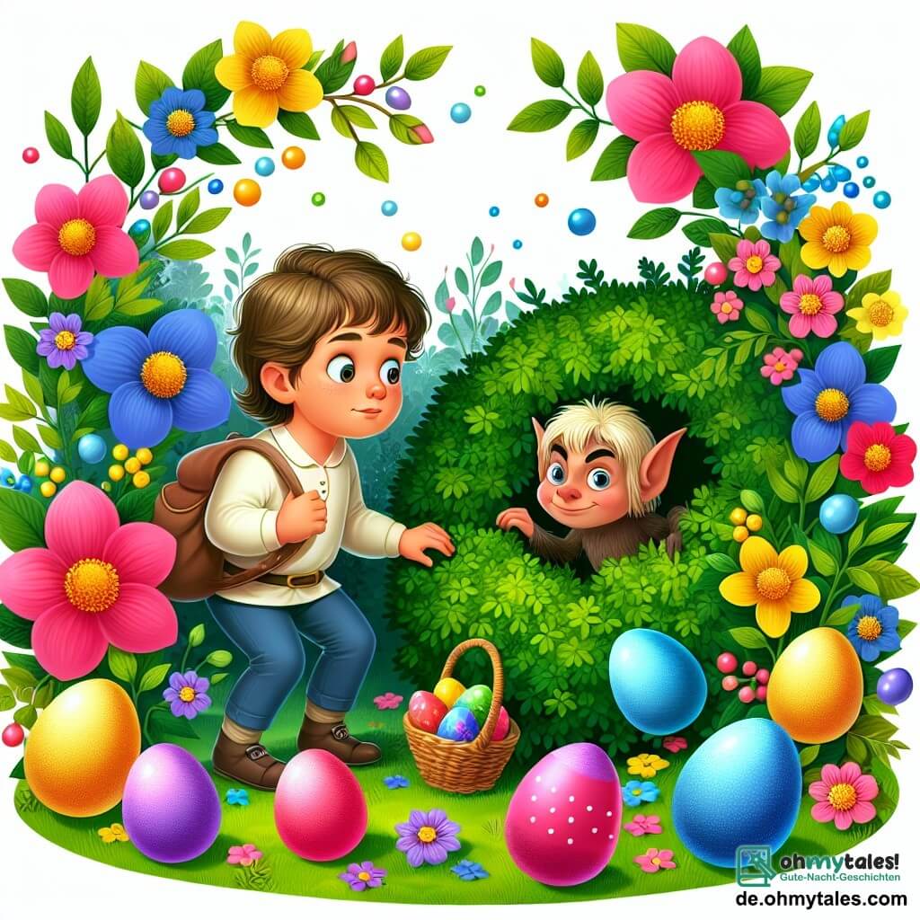 Une illustration destinée aux enfants représentant un garçon curieux découvrant un kobold espiègle caché derrière un buisson lors d'une chasse aux œufs de Pâques enchantée, dans un jardin fleuri aux couleurs vives et aux œufs brillants disséminés partout.