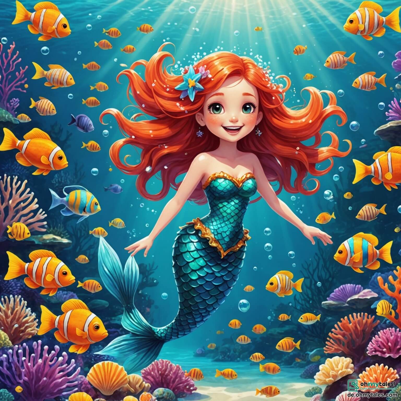 Une illustration destinée aux enfants représentant une sirène aux cheveux flamboyants comme les coraux, scintillant de mille feux sous les rayons du soleil, nageant joyeusement dans une mer turquoise parsemée de coquillages colorés et de poissons multicolores, entourée de ses amis, un poisson clown espiègle au sourire contagieux et une étoile de mer rieuse, alors qu'ils préparent un grand concours de blagues au pied d'un majestueux et mystérieux rocher recouvert d'algues ondulantes, où les rayons du soleil dansent à la surface de l'eau, créant un spectacle féerique de lumière et de couleurs.