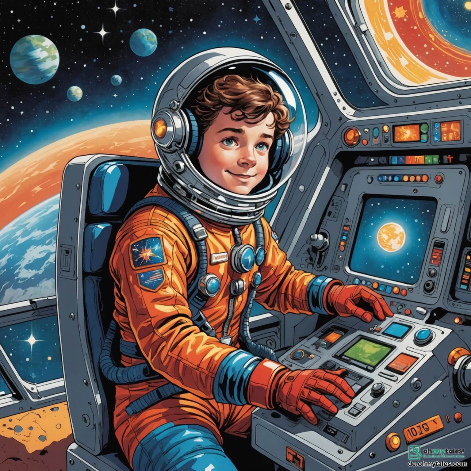 Une illustration destinée aux enfants représentant un homme courageux aux yeux pétillants de curiosité, vêtu d'une combinaison spatiale étincelante et aux couleurs vives, se tenant fermement à la barre de pilotage de son vaisseau spatial, le « Sternenblitz », qui vibre d'excitation alors qu'il s'apprête à explorer un mystérieux et vibrant planète aux paysages féeriques, où des plantes luminescentes dansent sous un ciel étoilé et où des couleurs éclatantes se mêlent dans un tourbillon de magie, tandis que sa fidèle amie, une robot dame à la silhouette élégante et aux yeux brillants comme des étoiles, l'encourage avec enthousiasme à découvrir les secrets cachés de cet univers fascinant.