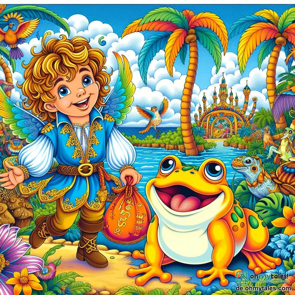 Illustration einer bunten Szene auf einer verzauberten Insel, wo riesige Palmen mit bunten Blättern unter einer leichten Brise tanzen. In der Mitte lacht ein junger Prinz mit goldenen, lockigen Haaren, der eine blaue Tunika mit goldenen Mustern trägt, fröhlich, während er einen Sack voller Lachen und Witze hält. An seiner Seite springt ein kleiner, leuchtend orangefarbener Frosch mit großen runden Augen, der sich als König der Quaken vorstellt, vor Freude in die Luft, mit seinen Hinterbeinen oben. Im Hintergrund versammeln sich fantastische Kreaturen wie singende Schildkröten und Vögel mit leuchtenden Federn um sie, alle bereit, die Rückkehr des Lachens auf der Insel zu feiern. Die Szene ist voller lebendiger Farben, exotischer Blumen und eines strahlend blauen Himmels, was eine fröhliche und magische Atmosphäre schafft.
