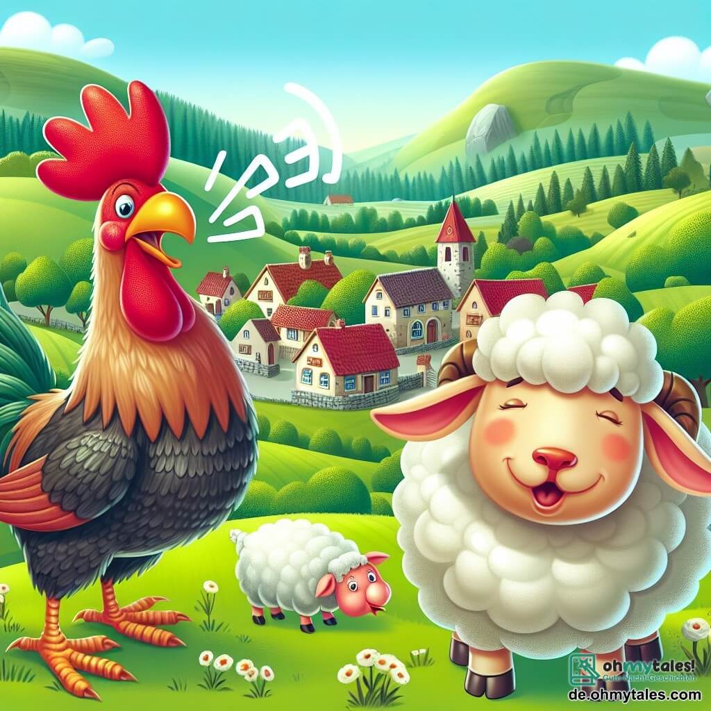 Une illustration destinée aux enfants représentant un coq espiègle, une brebis mâle bruyante, et un village pittoresque entouré de champs verdoyants et de collines ondulantes.