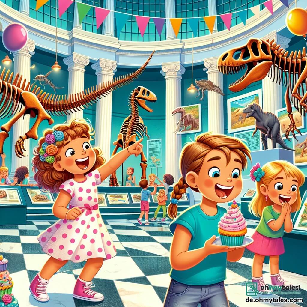 Illustration einer lebhaften Szene in einem Naturkundemuseum, das mit großen Dinosaurierausstellungen gefüllt ist. Der Boden ist aus poliertem Marmor, und bunte Schilder beschreiben die verschiedenen Dinosaurierarten, während riesige Skelette von der Decke hängen und eine faszinierende Atmosphäre schaffen. Im Mittelpunkt des Bildes lachen und haben drei 10-jährige Mädchen Spaß. Das erste Mädchen, mit braunen, lockigen Haaren, trägt ein pinkes Kleid mit weißen Punkten und hält einen mit buntem Sahne dekorierten Cupcake. Das zweite Mädchen, mit geflochtenen blonden Haaren, trägt ein blaues T-Shirt und eine Jeansshorts und zeigt begeistert auf ein großes Dinosaurierskelett. Das dritte Mädchen, mit glatten kastanienbraunen Haaren, trägt ein grünes Kleid und hält ein kleines Notizbuch in den Händen, bereit, Notizen über ihre Entdeckungen zu machen. Die Hauptsituation zeigt die Mädchen bei ihrer Erkundung, umgeben von festlichen Dekorationen für einen Geburtstag, mit bunten Ballons, die um sie herum schweben. Im Hintergrund sind auch Freunde anwesend, einige genießen Cupcakes, andere bewundern die Ausstellungen. Die Atmosphäre ist fröhlich und voller Aufregung und fängt den Geist einer unvergesslichen Geburtstagsfeier im Museum ein.