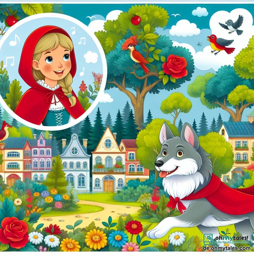 Une illustration destinée aux enfants représentant une jeune fille au chaperon rouge, se promenant dans une ville animée, croisant un grand loup gris souriant, dans un parc aux fleurs multicolores et aux oiseaux chantants, devant un petit, charmant et paisible maison bleue au bord de la ville.