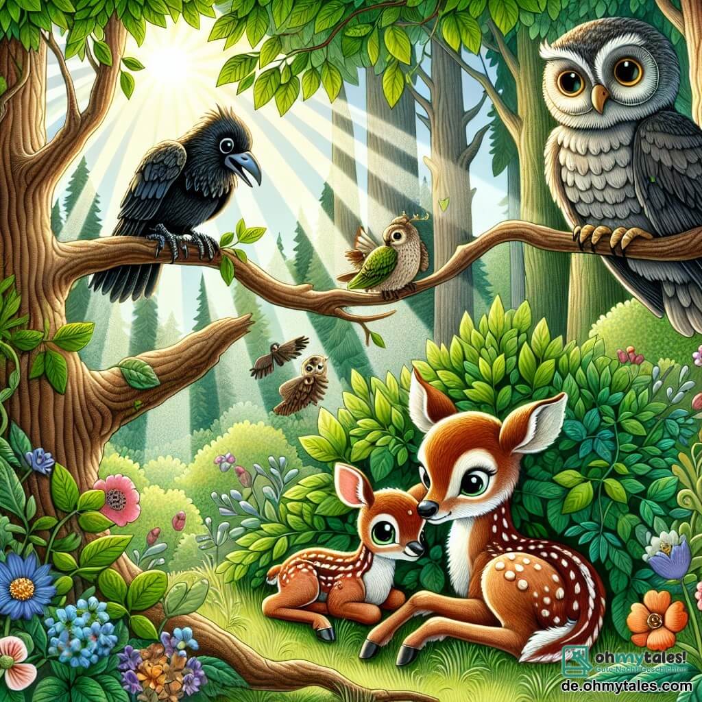 Une illustration sous forme de dessin destinée aux enfants représentant une forêt enchantée, avec des arbres majestueux aux feuilles verdoyantes et des fleurs colorées, où un corbeau aux plumes noires brillantes et aux yeux malicieux, perché sur une branche, observe attentivement un petit faon aux grands yeux tristes, assis sous un buisson, tandis qu'un vieux hibou sage aux plumes grises et aux lunettes rondes les regarde de son perchoir, capturant l'instant où le corbeau s'apprête à aider le faon blessé à retrouver sa mère, entouré de rayons de soleil filtrant à travers les feuillages.
