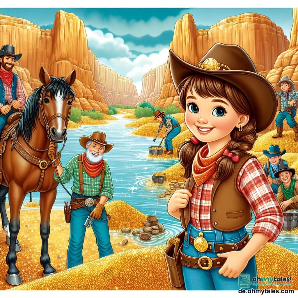 Une illustration sous forme de dessin destinée aux enfants représentant un vaste canyon doré sous un ciel bleu éclatant, où une jeune femme cowgirl aux cheveux châtains, portant un chapeau de cowboy et une chemise à carreaux, se tient fièrement à côté de son cheval Dusty, un mustang au pelage brun, tandis qu'un groupe de cowboys et de cowgirls aux visages souriants et aux tenues colorées s'affairent autour d'une rivière scintillante, cherchant de l'or et célébrant leur camaraderie, capturant l'esprit d'aventure et de solidarité au cœur du Far West.