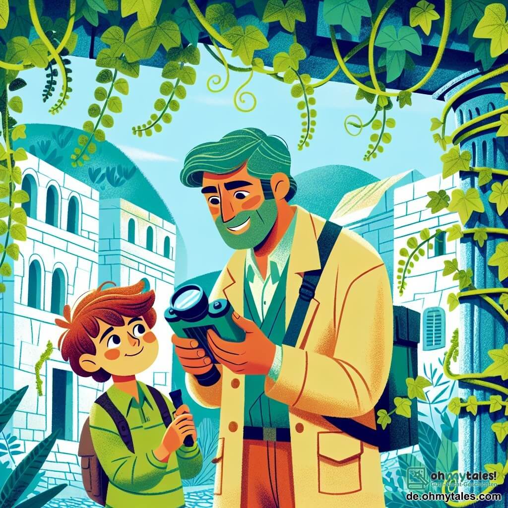 Une illustration destinée aux enfants représentant un archéologue homme, accompagné d'un garçon curieux, en train de fouiller une ancienne ruine couverte de lianes verdoyantes dans le village de Sonnenhausen.
