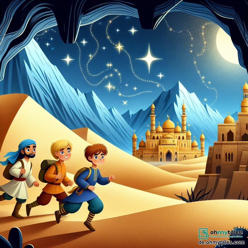 Une illustration destinée aux enfants représentant un jeune garçon intrépide, accompagné de ses amis, explorant un majestueux palais caché au cœur d'une vaste et mystérieuse désertique aux dunes scintillantes.