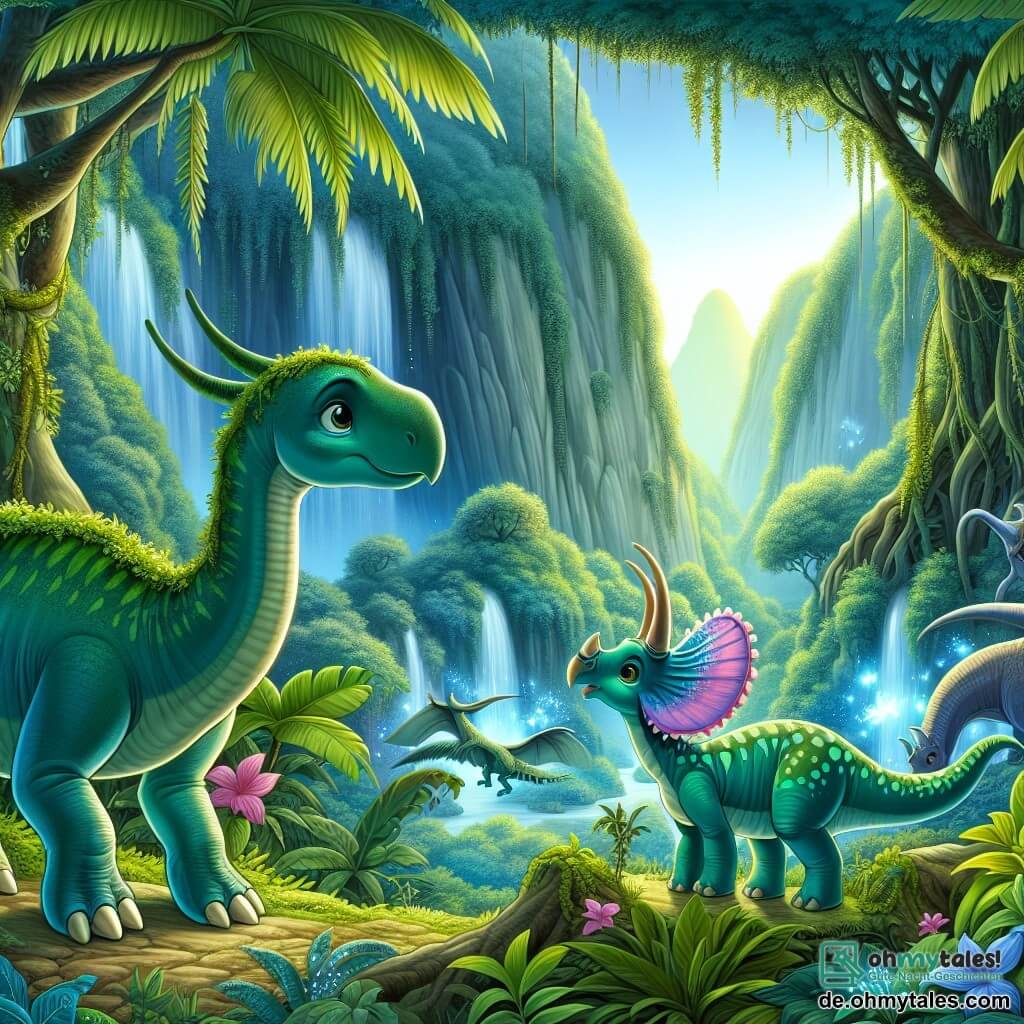 Une illustration destinée aux enfants représentant un jeune diplodocus curieux, accompagné d'une tricératops femelle, explorant un vaste et luxuriant vallée secrète, habitée par des elfes de lumière, dans un monde de dinosaures colorés et majestueux.
