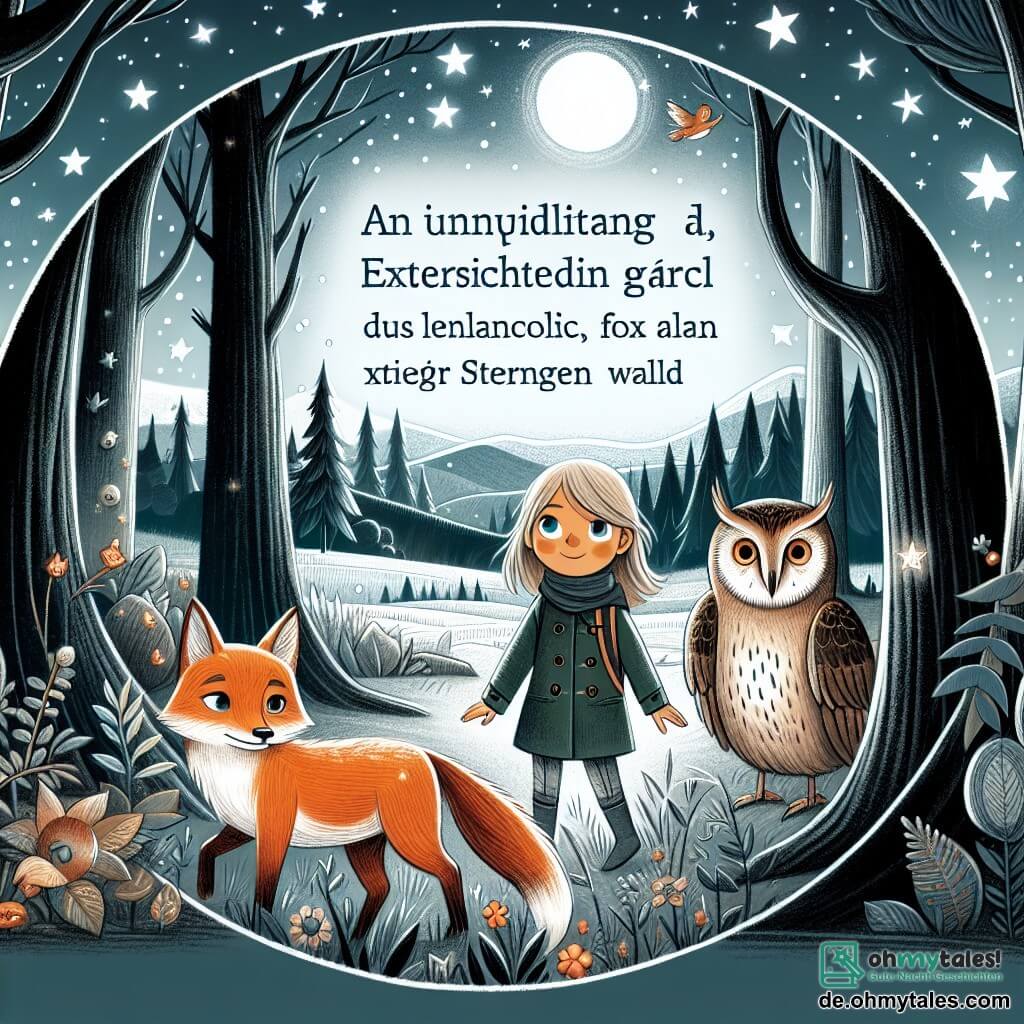 Une illustration destinée aux enfants représentant une petite fille curieuse et pleine d'enthousiasme, accompagnée d'un renard mélancolique et d'une chouette sage, explorant le mystérieux et enchanteur Sternenwald avec ses arbres géants et ses étoiles scintillantes.