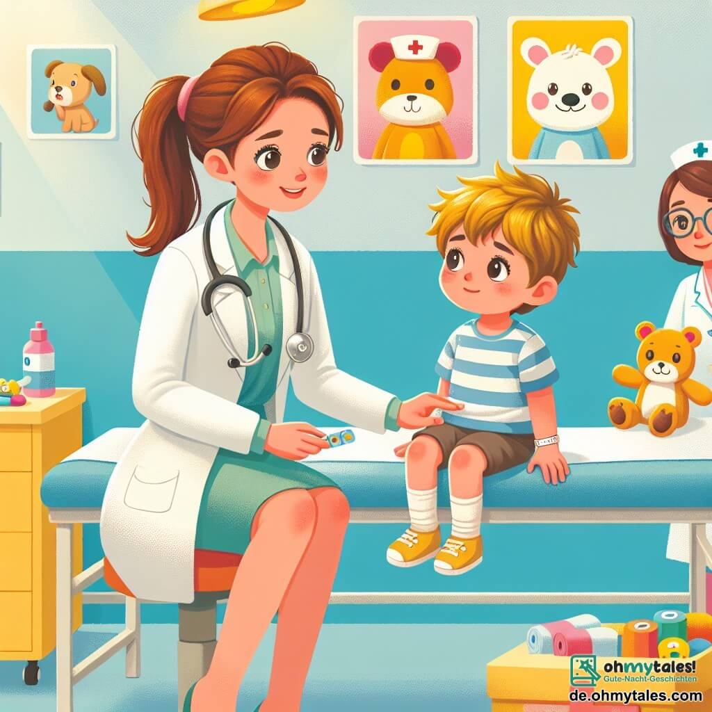 Eine Illustration zeigt einen hellen und einladenden Krankenhausraum mit Wänden in Pastellfarben und fröhlichen Tierzeichnungen. Im Mittelpunkt steht eine etwa 30-jährige Ärztin mit braunen, zu einem Pferdeschwanz gebundenen Haaren, die ein Stethoskop um den Hals trägt und ein warmes Lächeln zeigt. Sie untersucht einen etwa 6-jährigen Jungen, der unordentliche blonde Haare hat und ein gestreiftes T-Shirt trägt. Der Junge schaut neugierig, etwas besorgt, aber durch ihre Anwesenheit beruhigt zu ihr auf. Neben ihnen lächelt eine etwa 20-jährige Krankenschwester mit braunen Haaren und Brille, während sie eine Box mit bunten Pflastern hält. Die Ärztin tröstet den kleinen Jungen und erklärt ihm, dass er sich bald besser fühlen wird, während sanftes Licht die Szene erhellt und eine warme, wohlwollende Atmosphäre schafft. Plüschtiere liegen verstreut auf dem Tisch und verleihen der Umgebung eine spielerische Note.