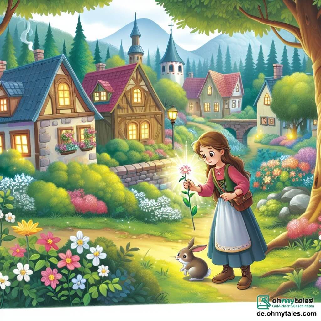 Une illustration destinée aux enfants représentant une jeune femme courageuse découvrant une fleur magique dans une forêt enchantée, accompagnée d'un petit lapin parlant, dans un village pittoresque bordé de maisons en bois colorées et de jardins fleuris.