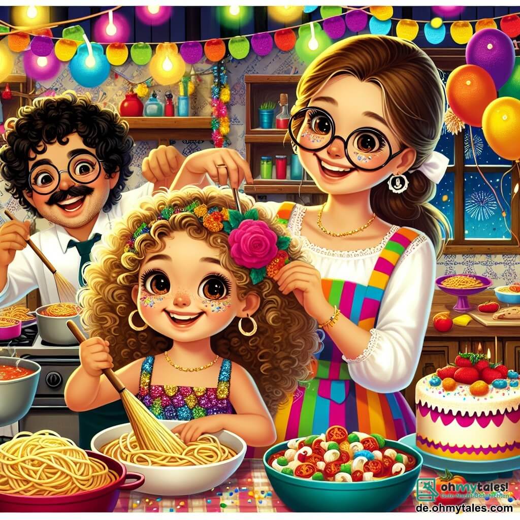 Une illustration destinée aux enfants représentant une petite fille aux cheveux bouclés et aux yeux pétillants, vêtue d'une robe colorée ornée de paillettes scintillantes, qui, dans une cuisine chaleureuse décorée de guirlandes lumineuses et de ballons multicolores, s'active avec enthousiasme aux côtés de sa maman souriante, préparant un festin de spaghetti et de gâteau pour célébrer la fête du Nouvel An, tandis que son papa, un homme jovial aux lunettes rondes, s'apprête à réaliser un tour de magie avec un chapeau haut de forme, le tout baigné dans une ambiance festive et joyeuse, où l'odeur délicieuse des plats se mêle aux éclats de rire et à l'excitation palpable de l'arrivée imminente des feux d'artifice.