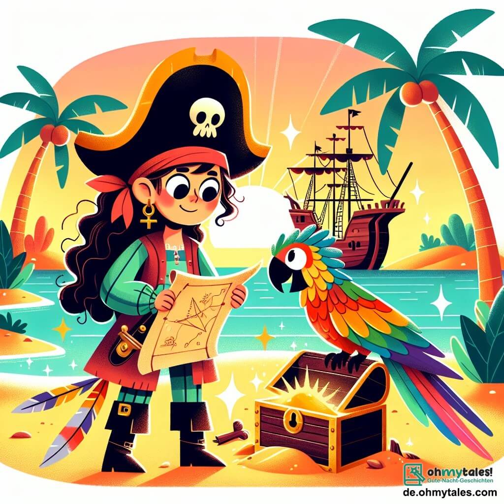 Une illustration sous forme de dessin destinée aux enfants représentant une plage ensoleillée avec des palmiers et un vieux navire pirate en arrière-plan, au premier plan, une courageuse femme pirate aux cheveux longs et bouclés, portant un chapeau de pirate et une veste colorée, tenant une carte au trésor avec un air déterminé, tandis qu'à ses côtés, un joyeux petit perroquet aux plumes multicolores se perche sur son épaule, et ensemble, ils examinent une mystérieuse boîte en bois enfouie dans le sable, symbolisant leur quête pour retrouver un trésor volé sur l'île des pirates.