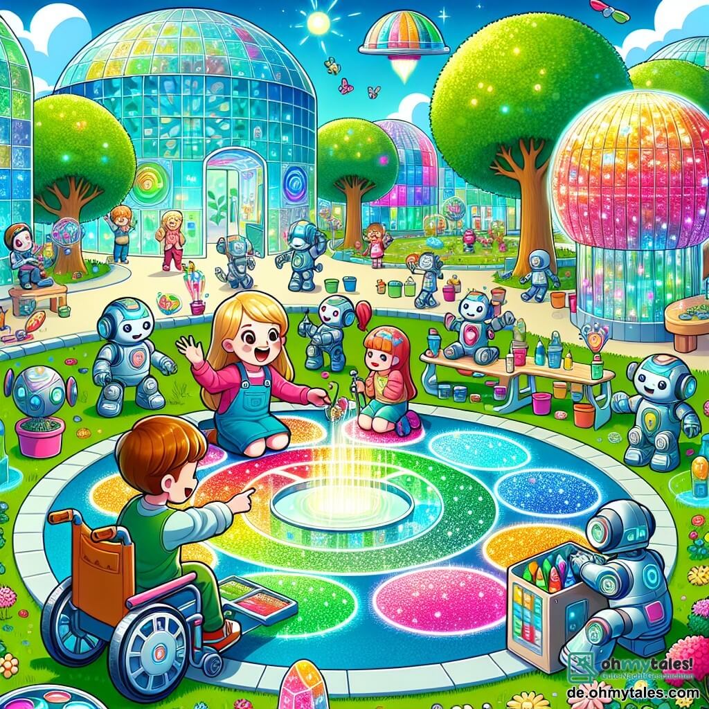 Illustration eines neuen futuristischen Parks in der Stadt Glitzerblau. Der Park ist voll von bunten Glasgebäuden, die in der Sonne funkeln, mit Bäumen mit leuchtenden Blättern und Blumen in lebhaften Farben. In der Mitte befindet sich ein großer runder Bereich, der mit glänzenden Steinen dekoriert ist, darunter ein besonders strahlender, der sanftes Licht ausstrahlt. In dieser Szene sammelt ein sechsjähriger Junge mit braunen Haaren und funkelnden Augen begeistert bunte Steine. An seiner Seite lächelt ein sechsjähriges Mädchen mit langen blonden Haaren und einem rosa Kleid fröhlich, während es einen funkelnden Stein zeigt, den es gerade gefunden hat. Ein weiterer Junge, ebenfalls sechs Jahre alt, sitzt im Rollstuhl, hat kastanienbraune Haare und trägt eine Brille. Er zeigt auf einen glänzenden Stein und lächelt breit. Die Hauptsituation zeigt die Kinder, die zusammenarbeiten, um den Park zu verschönern, umgeben von freundlichen Robotern, die ihnen helfen, einen magischen Spielbereich zu schaffen. Roboter in verschiedenen Größen und lebhaften Farben sind um sie herum beschäftigt und fügen futuristische Elemente hinzu, wie wolkenförmige Strukturen und interaktive Spiele. Die Atmosphäre ist fröhlich und energiegeladen, mit Lichtblitzen und Kinderlachen, die in der Luft erklingen.