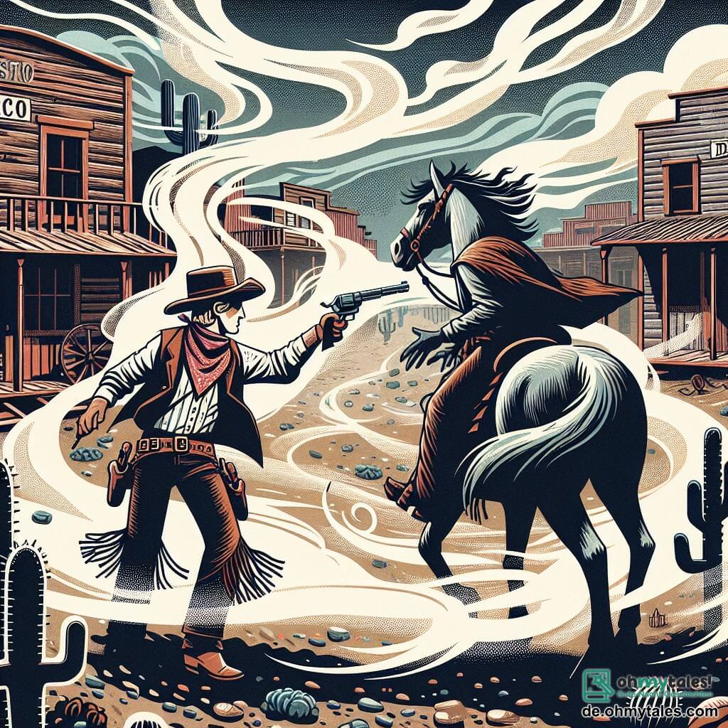 Une illustration destinée aux enfants représentant un courageux cow-boy, un jeune homme, confronté à un voleur de chevaux, un autre jeune homme, dans la poussière tourbillonnante d'une petite ville du Far West, Dustyville, avec des bâtiments en bois et des cactus géants.