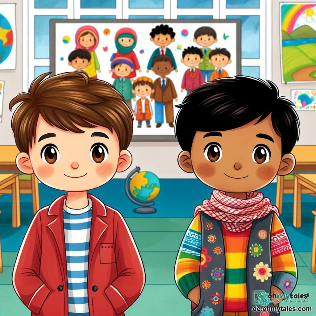 Une illustration destinée aux enfants représentant un garçon aux cheveux bruns et aux yeux curieux, confronté à des actes de racisme à l'école, accompagné d'un nouvel ami aux vêtements colorés, dans une salle de classe lumineuse avec des dessins du monde entier sur les murs.
