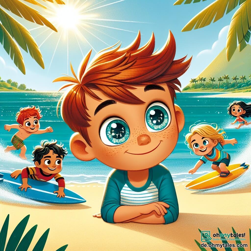 Une illustration destinée aux enfants représentant un garçon aux yeux pétillants de curiosité, passant des vacances d'été inoubliables sur une île tropicale, entouré de nouveaux amis, comme Tim, le garçon aux cheveux roux, et Emma, la jeune surfeuse courageuse, sur une plage de sable fin bordée de palmiers et caressée par les vagues scintillantes de l'océan.