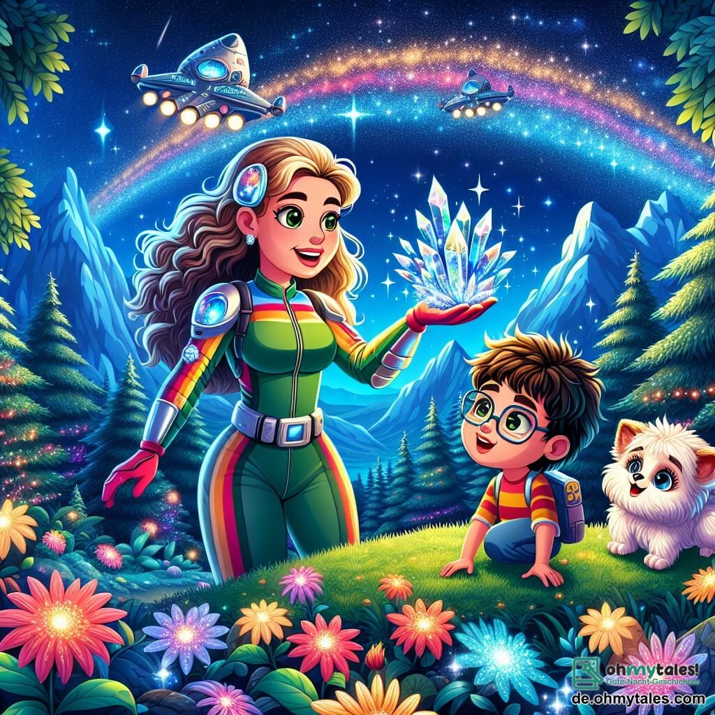 Illustration einer lebhaften Szene auf dem Planeten Zirka 5, wo üppige Wälder mit schimmernden Blättern bis zum Horizont reichen, und mehrfarbige Blumen unter einem sternenklaren Himmel leuchten. Im Zentrum des Bildes lächelt eine mutige Frau mit langen, welligen Haaren in einem bunten Raumanzug fröhlich, während sie einen leuchtenden Kristall in der Hand hält. An ihrer Seite beobachtet ein etwa 10-jähriger Junge mit Brille und zerzausten Haaren fasziniert ein niedliches, flauschiges Tier mit funkelnden Augen und strahlendem Fell. Die Frau zeigt dem Jungen den Kristall, während das neugierige Tier sich ihnen nähert und eine Atmosphäre von Abenteuer und Entdeckung schafft. Im Hintergrund funkelt das Raumschiff unter den Sternen, und majestätische Berge erheben sich, was dieser Szene der intergalaktischen Erkundung einen Hauch von Magie verleiht.